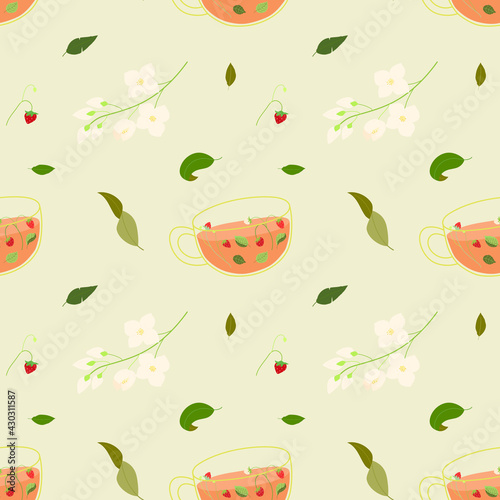 Seamless pattern with tea cups, jasmine and tea leaves. For prints, backgrounds, wrapping paper, textile, wallpaper, etc. 