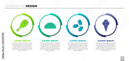 Set Chicken leg, Taco with tortilla, Chicken nuggets and Ice cream in waffle cone. Business infographic template. Vector