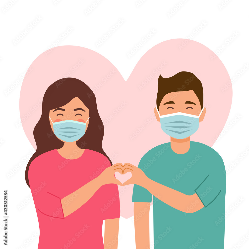 Obraz premium Man and woman wearing medical mask and show a message of love hand gesture together. Hand fold into heart symbol vector illustration. Valentine’s Day concept.