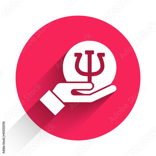 White Psychology icon isolated with long shadow. Psi symbol. Mental health concept, psychoanalysis analysis and psychotherapy. Red circle button. Vector