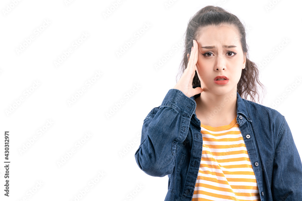asian female teen wear casual cloth feel not happy and very frustrated and worry womanheadache hand touch head.white background asian female teen wear casual cloth feel not happy and very frustrated and worry womanheadache hand touch head.white background