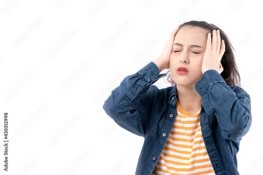 asian female teen wear casual cloth feel not happy and very frustrated and worry womanheadache hand touch head.white background asian female teen wear casual cloth feel not happy and very frustrated and worry womanheadache hand touch head.white background