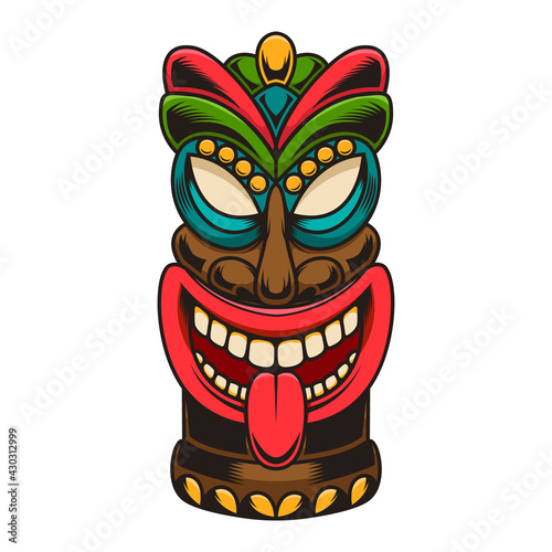 Illustration of tiki idol. Design element for logo, label, sign, poster. Vector illustration