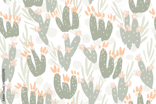 Sweet painted cactus garden in pastel pinks and green over white background. Hand-drawn subtle floral cacti seamless vector pattern. Great for home décor, fabric, wallpaper, gift wrap, stationery, etc