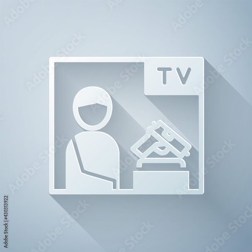 Paper cut Television advertising weapon icon isolated on grey background. Police or military handgun. Small firearm. Paper art style. Vector