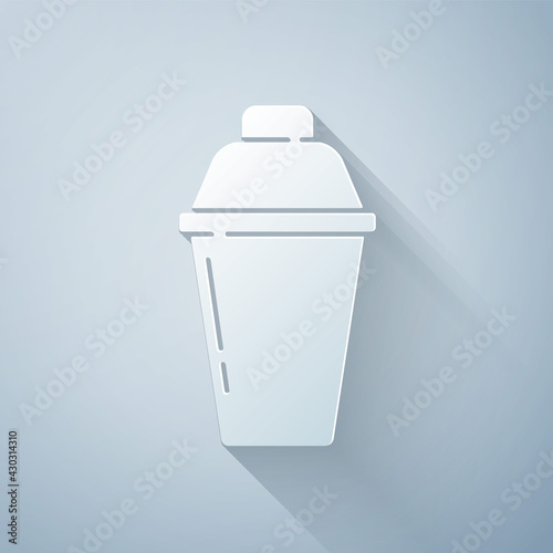 Paper cut Cocktail shaker icon isolated on grey background. Paper art style. Vector