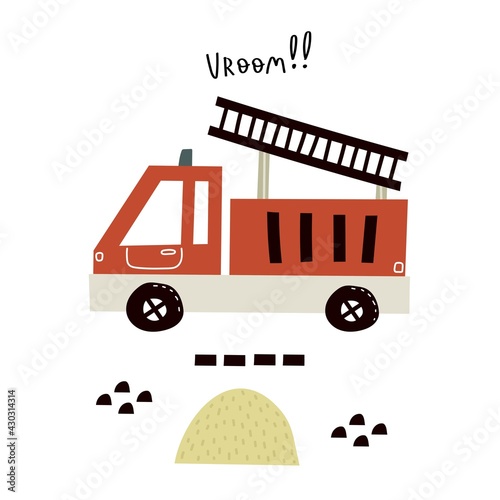 Foto cartoon fire engines, hand drawing lettering, decor elements
