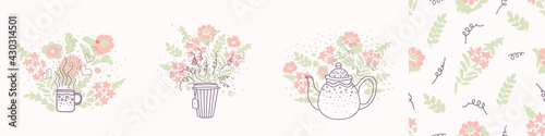 set of vector posters with a cup of tea, a teapot on a background of flowers, seamless pattern. Suitable for postcards, posters, social media posts, greeting cards, invitations