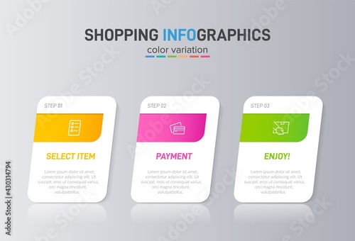 Concept of shopping process with 3 successive steps. Three colorful graphic elements. Timeline design for brochure, presentation, web site. Infographic design layout.