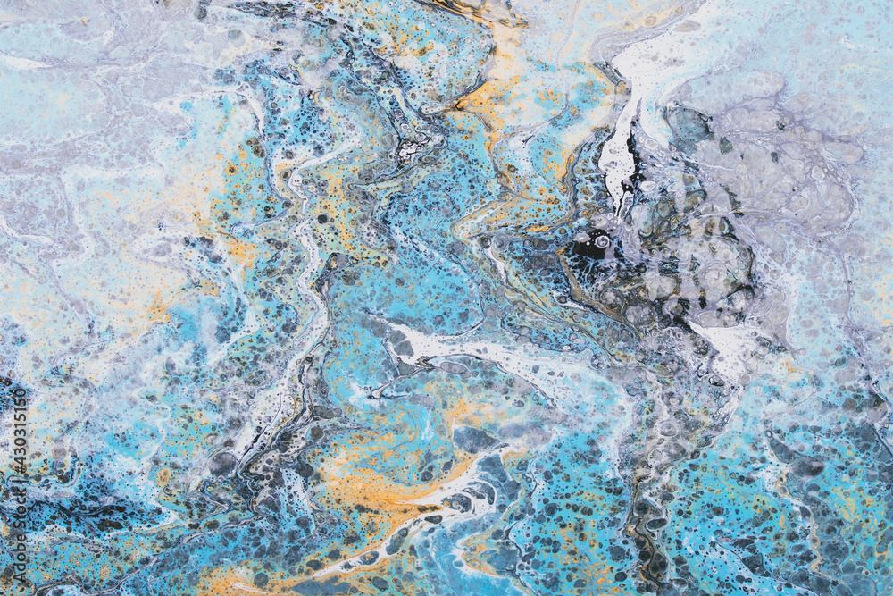 Liquid marble, fluid art, blue and gray ink background with paint spots. Swirl pattern, stained texture. Modern painting, creative colored wallpaper, water flow effect. Drawing motion waves. Tie dye.