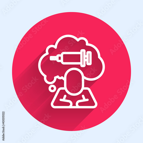 White line Addiction to the drug icon isolated with long shadow. Heroin, narcotic, addiction, illegal. Sick junkie with a syringe and medical pills. Red circle button. Vector