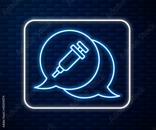Glowing neon line Addiction to the drug icon isolated on brick wall background. Heroin, narcotic, addiction, illegal. Sick junkie with a syringe and medical pills. Vector