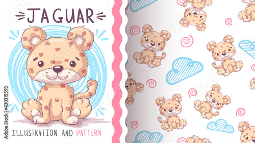 Childish cartoon character animal jaguar - seamless pattern