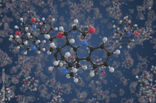 Molecule of strychnine, ball-and-stick molecular model. Scientific 3d rendering