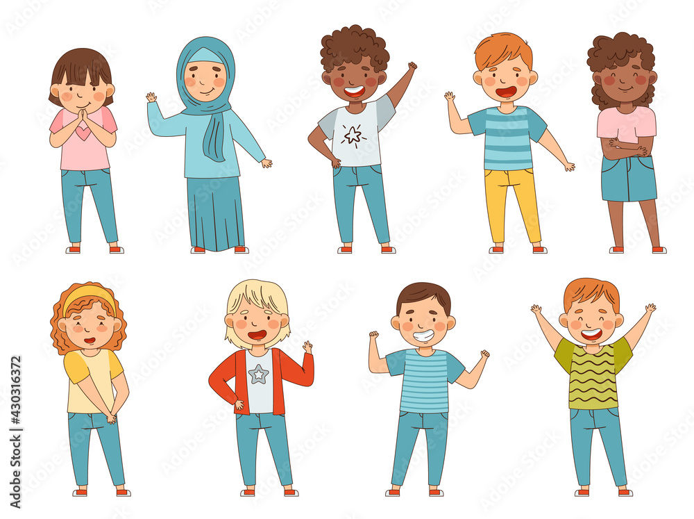Cute Boy and Girl Showing Emoji Signs Waving Hand and Cheering Vector Set Cute Boy and Girl Showing Emoji Signs Waving Hand and Cheering Vector Set
