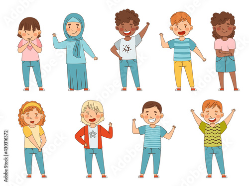 Cute Boy and Girl Showing Emoji Signs Waving Hand and Cheering Vector Set