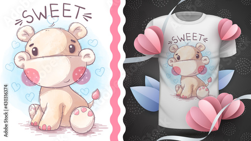 Childish cartoon character animal watercolor hippo.