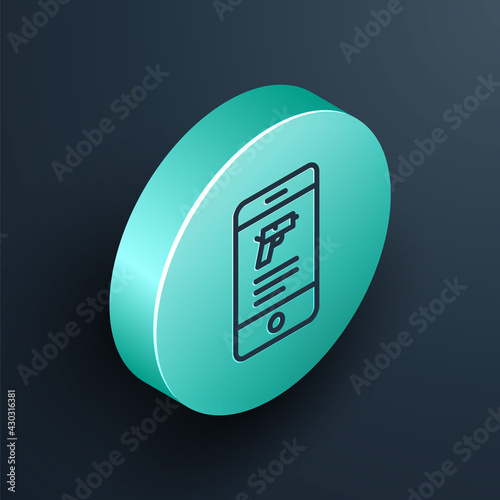Isometric line Hunting shop with rifle and gun weapon in mobile app icon isolated on black background. Supermarket or store with weapon equipment. Turquoise circle button. Vector