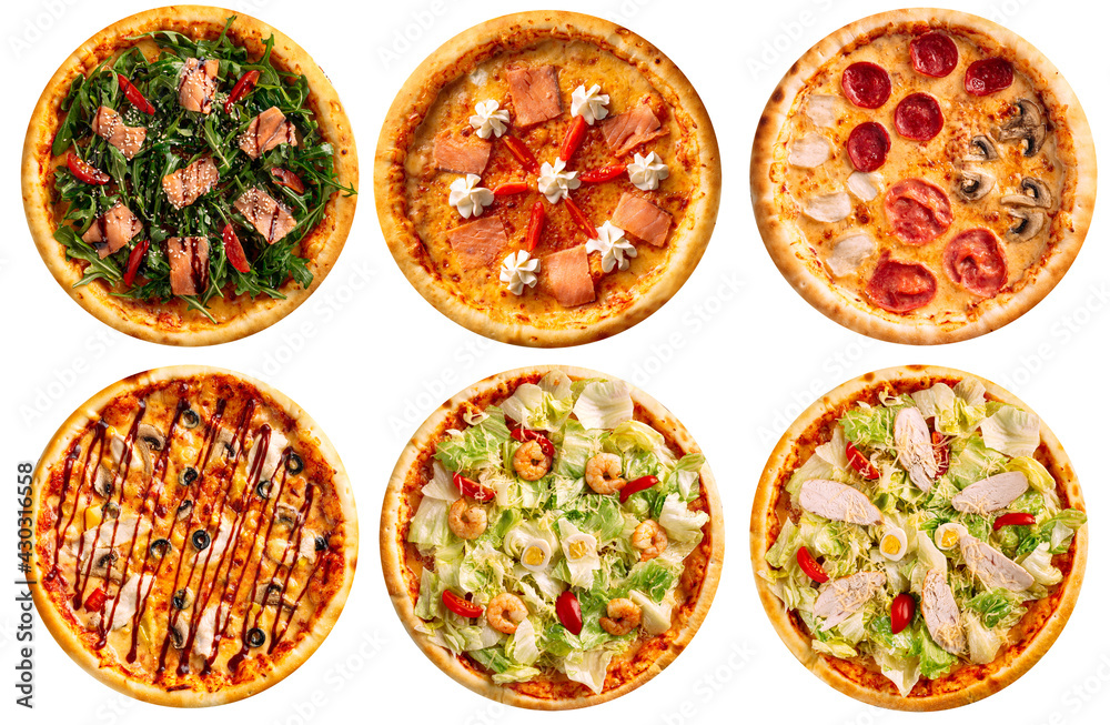 Isolated assorted variety of pizzas collage menu design on the white background Isolated assorted variety of pizzas collage menu design on the white background