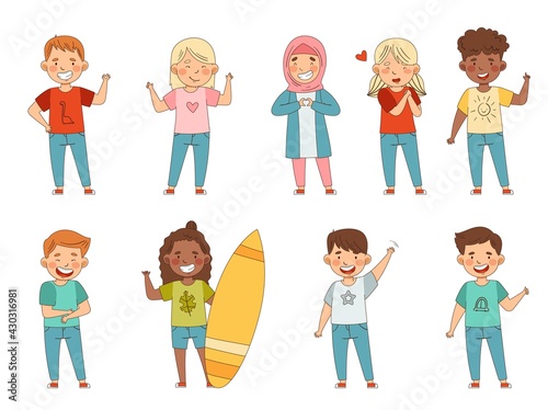 Cute Boy and Girl Showing Emoji Signs Waving Hand and Cheering Vector Set