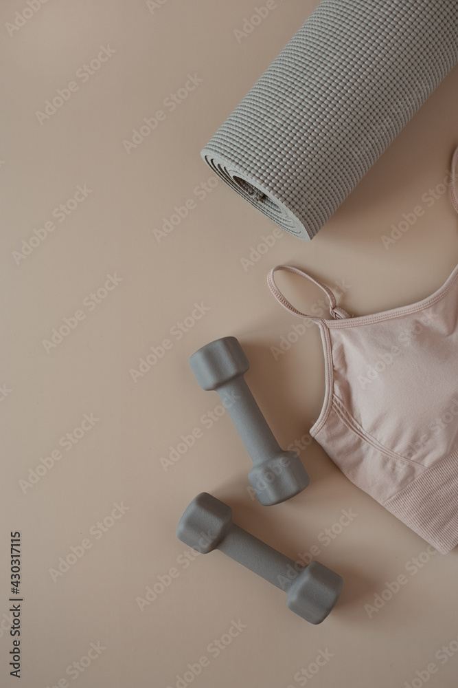 Aesthetic creative flat lay of yoga, fitness, workout training