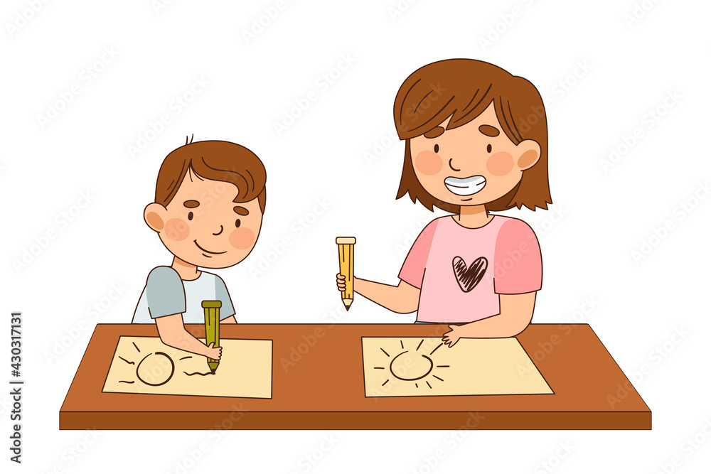 Sister with Her Little Brother at Table Drawing with Pencil as Family Relations Vector Illustration Sister with Her Little Brother at Table Drawing with Pencil as Family Relations Vector Illustration