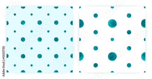 Vector Watercolor Polka. Seamless Circle Texture. Blue Paint Brush Background. Watercolor Polka Fabric. Pastel Art Dots. Modern Cute Repeat. Geometric Spot Print. Abstract Watercolor Polka.
