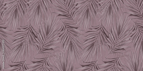 Fototapeta Naklejka Na Ścianę i Meble -  Tropical exotic seamless pattern. Pink rose color palm leaves. Hand-drawn vintage textured illustration, background. Good for wallpapers, cloth, fabric printing, wrapping paper.
