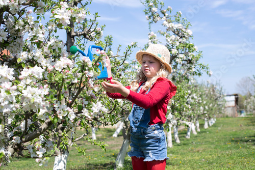 Blonde little girl playing in a blossoming orchard