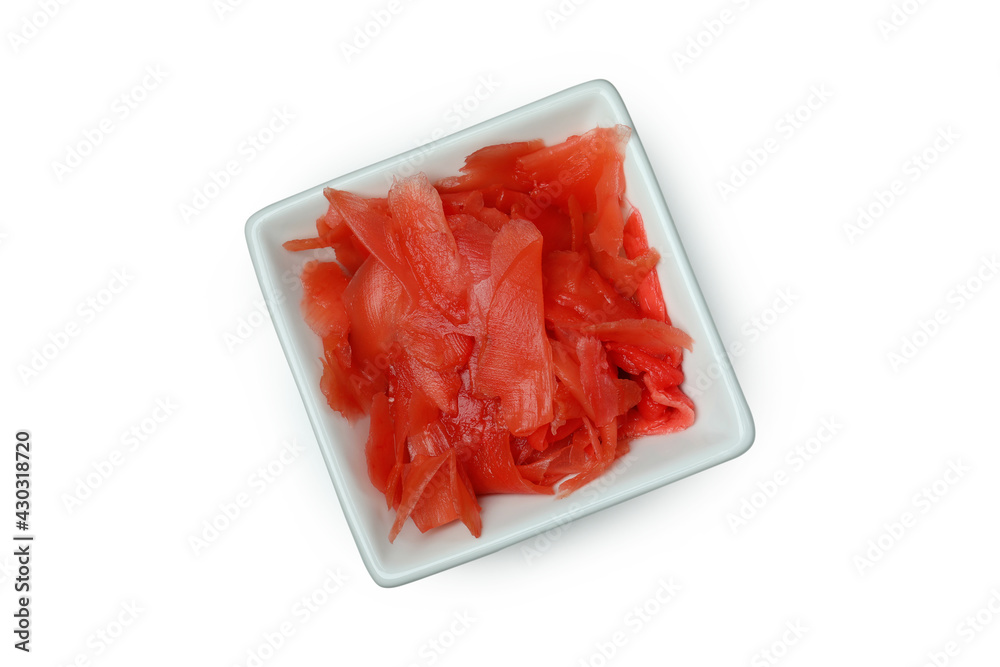 Bowl with red pickled ginger isolated on white background Bowl with red pickled ginger isolated on white background