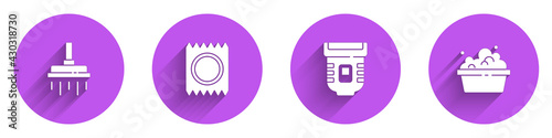 Set Shower head, Condom in package safe sex, Epilator and Basin with soap suds icon with long shadow. Vector