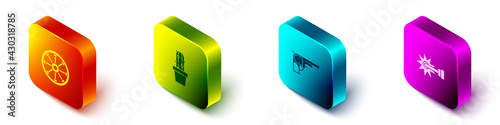 Set Isometric Old wooden wheel, Cactus peyote in pot, Revolver gun and Spur icon. Vector