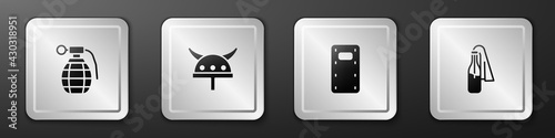 Set Hand grenade, Viking in horned helmet, Military assault shield and Cocktail molotov icon. Silver square button. Vector