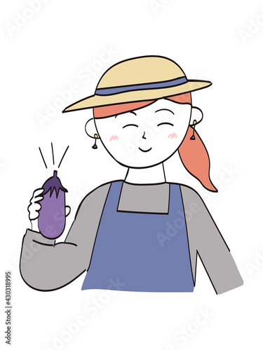 収穫したナスを見せる農家のおしゃれな女性・1人のイラスト