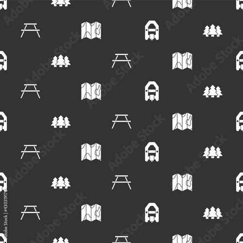 Set Rafting boat, Forest, Picnic table with benches and Location of the forest on map on seamless pattern. Vector