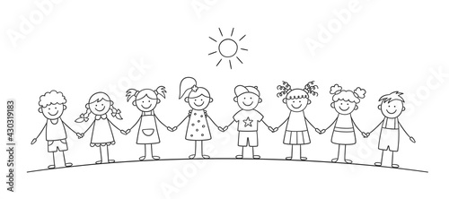Funny kids holding hands. Happy doodle children. Friendship concept. Vector illustration in hand drawn style on white background