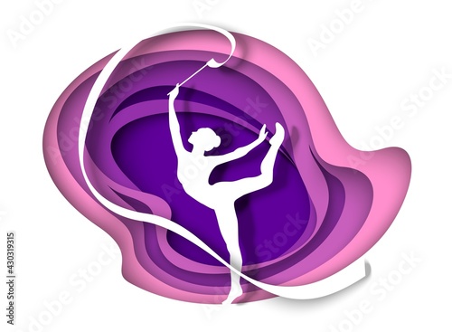 Beautiful girl, gymnast silhouette dancing with ribbon, vector illustration in paper art style. Rhythmic gymnastics.