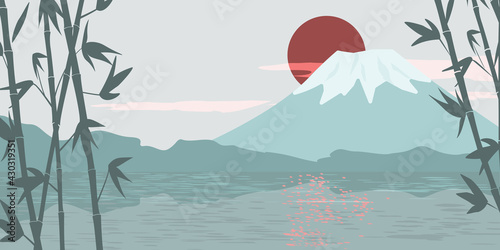 Horizontal natural banner with bamboo branches and leaves on the background of the lake, the top of Mount Fuji, the rising sun. Contemporary abstract minimalistic art landscape. Simple Japanese style.