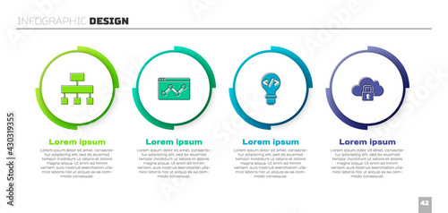 Set Site map, Website statistic, Front end development and Cloud computing lock. Business infographic template. Vector
