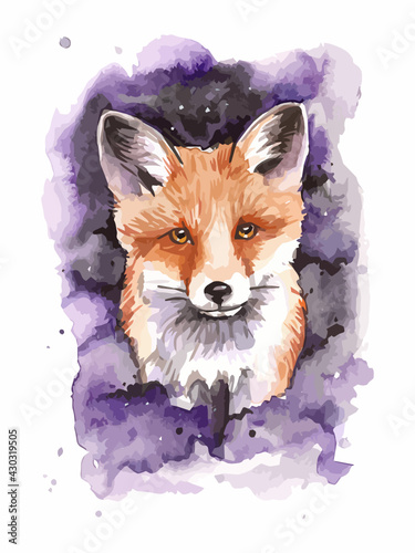 Portrait of red fox on watercolor splash background.