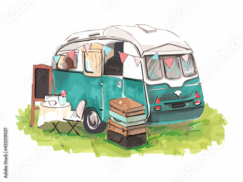 House on wheels. Hipster watercolor camper van or trailer for print design. Watercolor illustration. Vintage print.