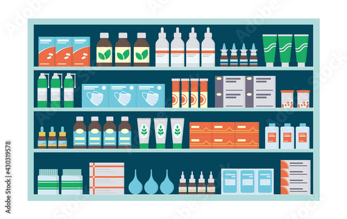 Pharmacy shelves with medicines, tablets, ointments, vitamins and antibiotics. Store shelf with medicines. Vector illustration on white background.