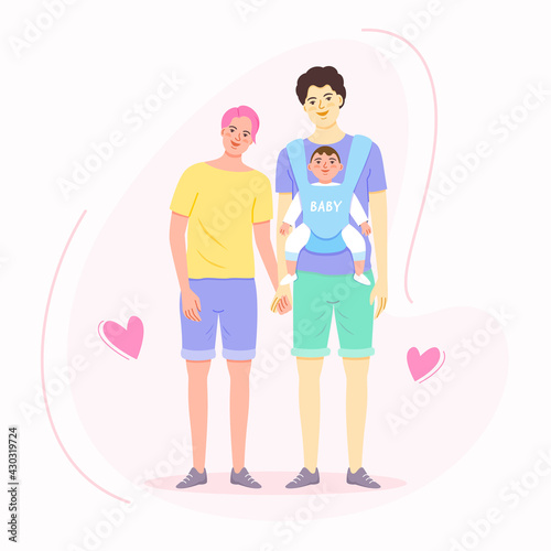 LGBTQ+ couple family. Vector of cute homosexual with baby in flat cartoon style.