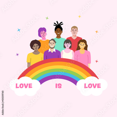 LGBTQ community. Happy young people with LGBTQ rainbow, flat vector illustration.