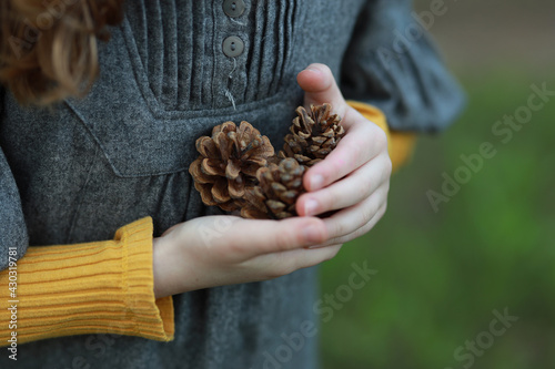 baby arms carrying pine cones