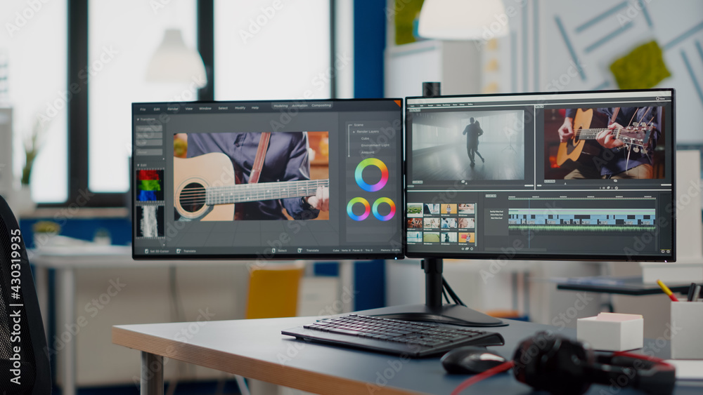 Video Production Studio With Nobody In It And Computer With Two video-production-studio-with-nobody-in-it-and-computer-with-two