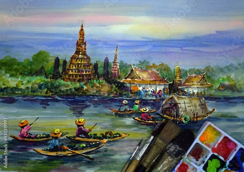 Watercolor painting art class      Floating market Thai land     Palette   paintbrush