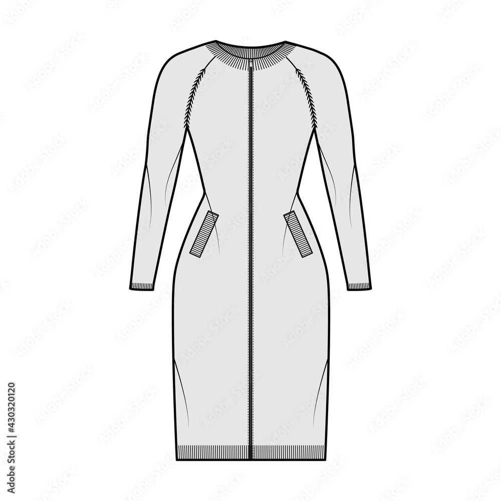 Zip-up dress cardigan Sweater technical fashion illustration with rib crew neck, long raglan sleeves, fitted body, knit trim, pockets. Flat jumper apparel front grey color. Women men unisex CAD mockup Zip-up dress cardigan Sweater technical fashion illustration with rib crew neck, long raglan sleeves, fitted body, knit trim, pockets. Flat jumper apparel front grey color. Women men unisex CAD mockup