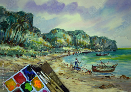 Watercolor painting art class , sea ,wave ,birds, boat , Palette , paintbrush