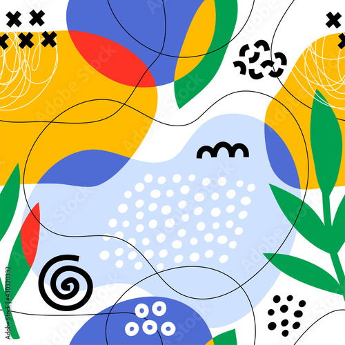 Seamless pattern with abstract hand drawn shapes. Collage style. 